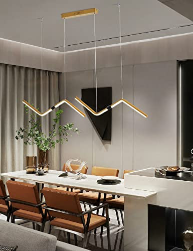 Moderne LED Pendelleuchte Esszimmer dimmbar mit Fernbedienung Z-förmige moderne Wellen Kücheninsel Leuchten Höhenverstellbar Hängeleuchte Metall Decke Hängelampe Kronleuchter (Gold, L120cm)