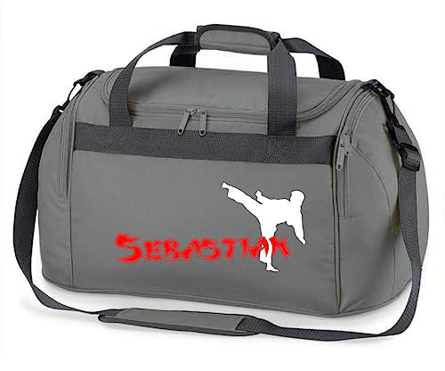 minimutz Sporttasche Karate mit Namen für Jungen | Personalisierte Kinder-Reisetasche Kampfsport Judo | Groß für Sport-Verein (grau)