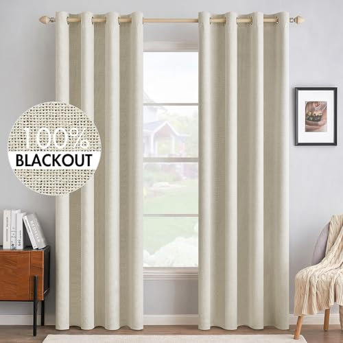 MIULEE Cortinas Opacas Cortinas Aislantes Térmicas con Ojales 100% Opacas Cortinas de Lino Sala de Estar Protección contra el Frío Cortina Blackout Juego de 2, 140 x 245 cm Crema