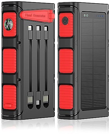 Trois méthodes de Charge de la Banque d'alimentation Solaire/à manivelle, Batterie Externe câblée pour Le Camping en Plein air Pd20W Charge Rapide,Red-10000mAh