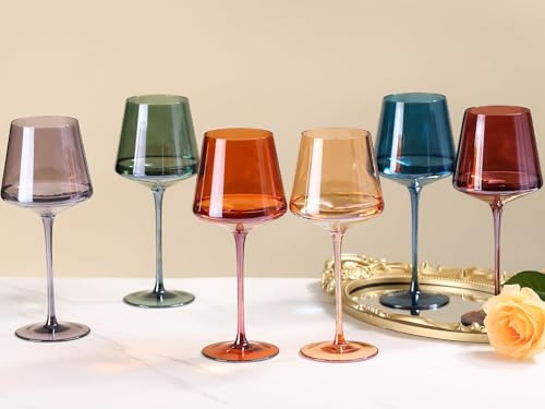 comfit Farbige Kristall-Weingläser, Set mit 170 - 473 ml, lichtechte Farbe, mundgeblasene bunte Weingläser – nicht spülmaschinenfest, Geschenke für Weinliebhaber