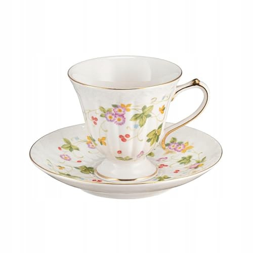 VILLA ITALIA - WALENCJA Teetassen Set mit Teller - Creme - Blumig Porzellan Kaffeebecher 180 ml - Tasse mit Untertasse - Steingut Geschirr