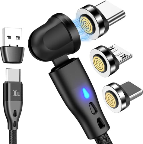 AXFEE Magnet Ladekabel 1.8M, 7Pin USB Magnet Kabel, 360° und 180° Drehbare | 100W Schnellladung Magnetisches Ladekabel,3 in 1 USB Magnetkabel, Nylon Ladekabel für Typ C/Micro USB/i-Product/Galaxy/S23