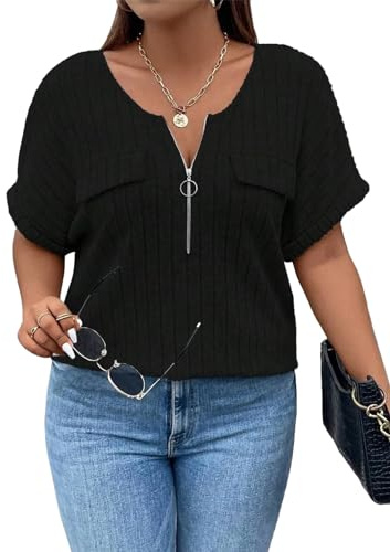 Gemulate Black Tops for Women UK Plus Size Short Sleeve Tops for Women UK Casual V Neck Tunic Tops Shirts Blouse Loose Tunic Shirts Plus Size Blouses for Women - Black, X-Large