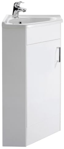 Balterley Corner Vanity Unit with Basin Floor Standing, Soft Close Single Door, Curve Sink & Handle, Bathroom Vanity Units with Basin, Bathroom Sink Storage Cabinet - 555 x 395 x 800mm (White)