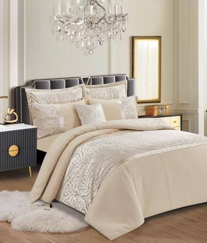 PRIME LINENS 3 Piece Infinix Duvet Cover Set – Soft Jacquard Velvet – Bedding Quilt Cover Set with Pillow Cases Hypoallergenic Machine Washable (Beige, Double)
