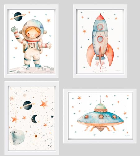 Astronaut Rakete UFO und Sternbilder Poster 4er Set Kinderzimmer Junge Mädchen Baby Geschenk Idee Geburt Tier A4 Wanddeko Wanddeko (Ohne Rahmen) (Weiß)