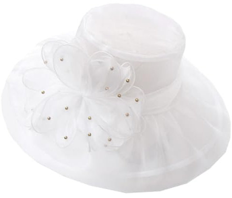 ZESLIV Damenhut Organza Hut Hochzeit Anlasshut Brauthut Sonnenhut mit Organza Blumen Perlen Sommerhut Sonnenschutz Strandhut, Weiß