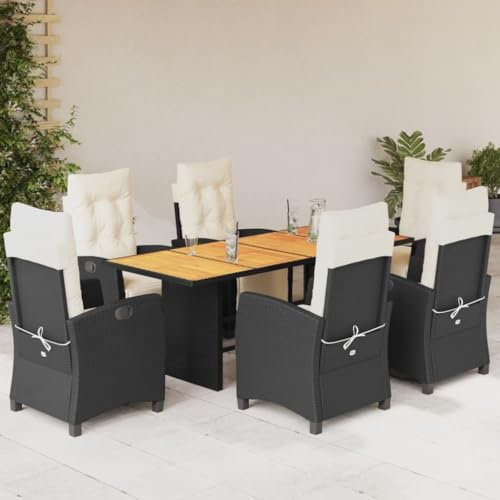 Gecheer 7-TLG. Garten Essgruppe 6 Personen, Sitzgruppe Terasse, Terrassenmöbel Set, Tisch & Gartenstuhl mit Hochlehner Verstellbar, Gartenmöbel Set, Poly Rattan Schwarz