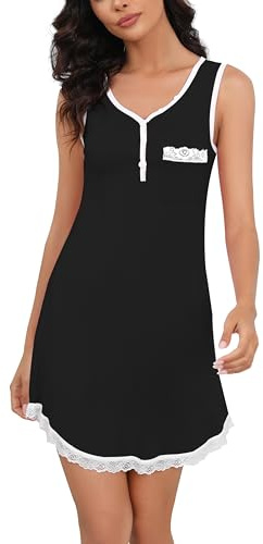 Enjoyoself Chemises de Nuit Coton Dentelle Nuisette sans Manche Décolleté FemmeT Shirt de Nuit Robe de Nuit Courte Pyjama Casual Col V Sexy Maternité Allaitement Top Confortable Noir* sans Manche XXL