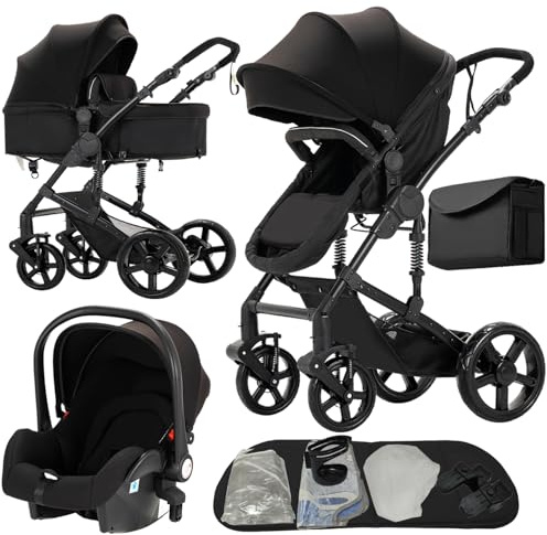 Nine point nine Barnvagnspaket 3-i-1, set med vändbar liggdel, sittdel och babyskydd, dubbelt skjutläge, duovagn med stor och bekväm liggvagn, stomme av aluminiumlegering (588 svart)