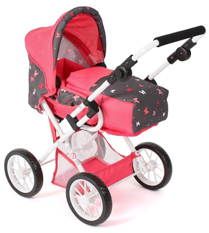 Bayer Chic 2000 Poussette combinée 3 en 1 Leni - Butterfly Corail - Pliable, poignée réglable en Hauteur 43-67 cm, Sac de Transport - poupées jusqu'à 46 cm, à partir de 3 Ans