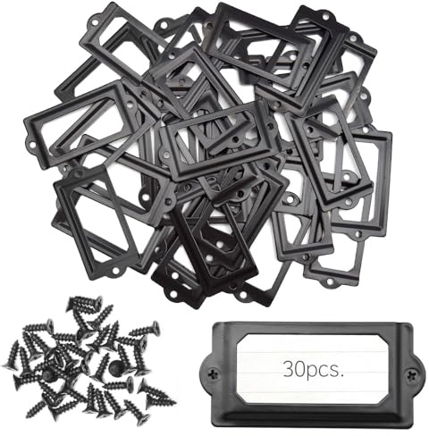 Ruidee 30 Stück Metall Etikettenrahmen Vintage 60x17mm Etiketten Kartenrahmenhalter Möbel Schublade Label Halter mit Schrauben Namensschild Etikettenrahmen für Büro Bibliothek (70x33mm/Black)