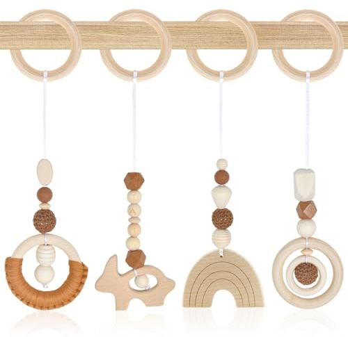 Granvoo Arche de Jeux Bébé en Bois, 4 Pièces Jouets Eveil pour Poussettes, Arche Portique Eveil Bebe, Jouet Naissance Cadeaux 3 6 12 Mois pour Siège de Bébé Landau, Marron