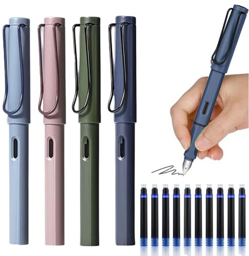 GZGRYTRC 4Pcs Fountain Pen with 10 Black Ink Sac, 0.5mm Tip Pen Replaceable Fountain Pen Set Smooth Writing Quick Drying Pen for Calligraphy, Doodling, Journaling, Sketching and School Office Gifts