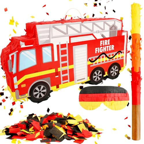 Feuerwehrauto-Piñata mit Aufhängeschlaufe, Augenbinde und Konfetti, Feuerwehrauto-Piñata für Kinder, Jungen, Feuerwehrauto, Thema, Geburtstagsparty-Dekoration, 40,6 x 20,6 cm