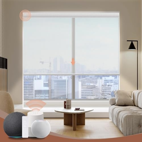 Canisteo Motorized Roller Shades, 5% Openness Solar Blinds Work with Homekit/Alexa/Google Asssitant, Cordless Smart Shades with Remote/APP/Voice Control, Customized, Sunny Ice