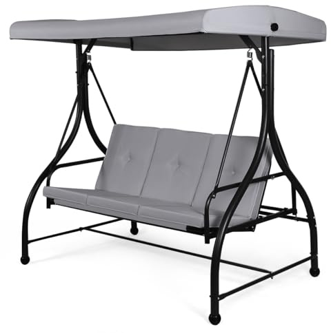 COSTWAY 3 Seater Garden Swing Chair, Convertible Outdoor Hammock Bench Chair with Adjustable Canopy and Cushions, Steel Frame Porch Patio Swing Seat Lounger for Balcony, Deck and Poolside (Grey)