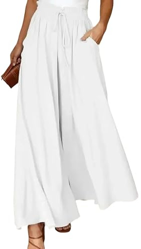 Spesh Sommerhose Damen Locker Stoffhose mit High Waist Leichte Sommerhose mit Weite Bein Elegante Strandhose Damen Weite Hosen für Büro/Freizeit/Strandurlaub(Weiß,XL)