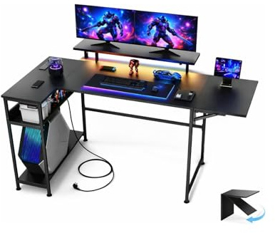 LEVSON L-Shaped Gaming Desk 150×80 cm, Gaming Table & Computer Desk with LED Lights, Power Outlets & USB Ports, Foldable & Extendable 120–150 cm, Black Corner Desk for Home Office
