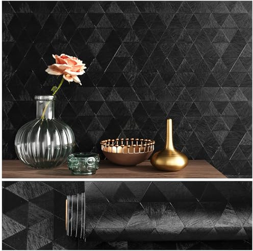 VEELIKE Papier Peint Noir Texturé Papier Peint Relief Triangle Géométrique 40 cm x 300 cm Papiers Peints Adhesif Mural Pour Chambre Salon Salle de Bain Imperméable Adhesif pour Meuble Étanche