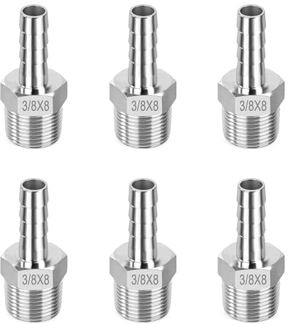 Conector Manguera de Lengüeta, Barb Púa de 8 mm x 3/8 Rosca Macho Adaptador Acoplador para Combustible, Aire, Agua, Aceite (6 Piezas)