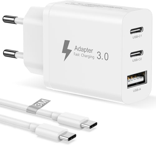 Chargeur USB C Rapide 30W avec Cable USBC 3M pour iPhone 17Air 16E/16 15 Pro Max/16 15 Plus/iPad Air Mini, 3 Port Prise Multiple Prise USBC Chargeur Type C Charge Rapide Adaptateur Secteur USB C