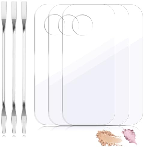 3Pcs Acrylic Makeup Palette Makeup Mixing Tray with Makeups Spatula Metal Mirror for Beauty Salon Color Cream Liquid Foundation Mixing Palette Eye Shadow Lipsticks Nail Art