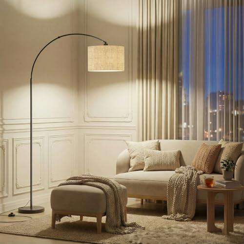 Moderne Bogen-Stehlampe für Wohnzimmer, 3-stufige Farbtemperatur (3000K/4500K/6000K) per Fußschalter, 180 cm höhenverstellbare Bogen-Leselampe mit E27 LED-Lampe für Schlafzimmer, Büro, Beige