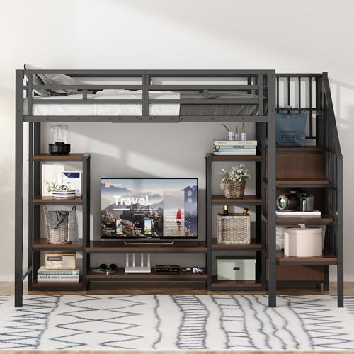 Merax Loftbett 90x200 cm mit TV-Regal, Steckdose & Sicherheitsleiter, modernes Hochbett aus Metall-Holz-Kombination, platzsparendes Design mit Stauraumregalen