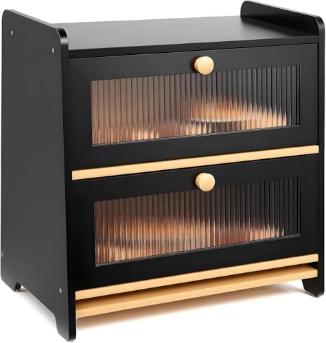 HAUSPROFI Two-Layer Bread Bin, Double Bamboo Bread Box, Large Capacity Bread Storage Bin with Stiped Window Door Pancel, Handle and a Cutting Board, Breads Storage Box for Kitchen Countertop (Black)