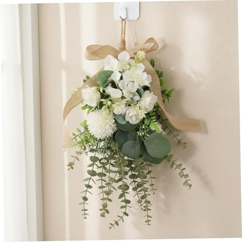 Ferricult Ghirlanda a Goccia, Festone Floreale - Bouquet da Appendere Artificiale di eucalipto Bianco e crisantemo per Porta d'ingresso, Parete e Decorazioni per Matrimoni, Ghirlanda a Goccia