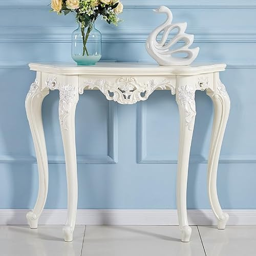 Lyxig Ornate Smal Konsolbord med Handskurna Detaljer, Tunn Ingångssoffbord för vardagsrum, hall, ingång, foyer(White+Sliver2,59.1/150cm)