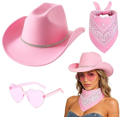 VorPrillynt Cowgirl Hut 3PCS Cowboy Set für Damen mit Sonnenbrille und Halstuch Breite Krempe Kostüm Accessoires für Halloween Karneval Cosplay