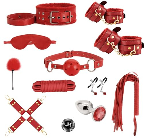 Oziral Kit de Bondage BDSM 15 Piezas – Set de Esposas Extremo en Rojo – Juego Erótico para Parejas & Principiantes – Accesorios para Juegos BDSM – Juguetes Sexuales para la Cama