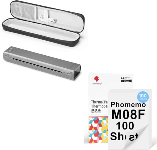 Phomemo M08F A4 Tragbarer Drucker Grau mit Tragetasche & 100 Blatt doppelseitigem A4-Thermopapier, kabelloser Bluetooth-Mobildrucker für Reisen, Auto, Büro & Zuhause