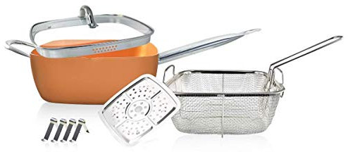 Pentola quadrata in rame con lato profondo, padella antiaderente in rame da 9,5 pollici 8pc set Set di pentole a induzione con 9,5 pollici di lavastoviglie quadrata