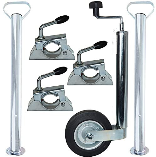 Systafex® Stützrad 3X Klemmschellen 2X Abstellstützen Set für Anhänger Bauwagen Wohnwagen Motorradanhänger