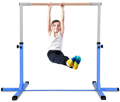 COSTWAY Barre de Gymnastique en Acier avec 12 Hauteur Réglable de 91 à 150CM, Barre d'Entraînement Junior Extensible avec Structure Stable, Charge 100kg pour Maison Salle de Gym (Bleu)