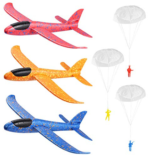 Toyvian Flying Foam Gliders Airplane Set, 3Pcs 37 x 35cm Glider Planes with 3 Paratroopers Manual Throwing Foam Lightweight Party Outdoor Flying Toy for Teenager Children
