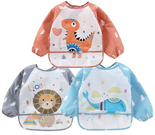 JinBei Baby Bib with Sleeves, 3PCS Long Sleeve Waterproof Feeding Bib With Large Pocket, Washable Easy to Clean for Eating and Painting, Unisex Infant Toddler 6-36 Months