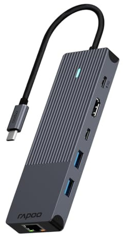 Rapoo | Adaptador multipuerto 6 en 1 de LAN Gigabit, Gris Oscuro | HDMI y USB-A a USB-C, Compacto y portátil con Plug and Play fácil de Usar, UCM-2002