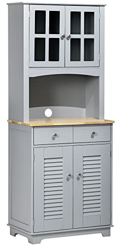 HOMCOM Credenza Alta per Cucina, Mobile Buffet in MDF, Armadio Dispensa in Stile Classico, Grigio, 68x39.5x170cm