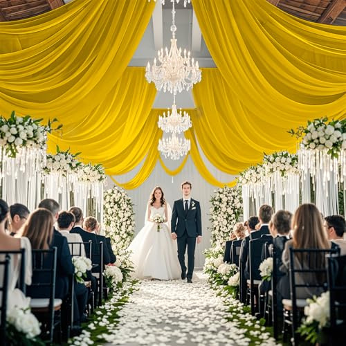 ROMANKAS Gold Drapes Ceiling 5x10ft 6 Panels Ceiling Drapes for Weddings Ceiling Fabric Draping Fabric Chiffon Backdrop Curtain Wedding Arch Draping Fabric for Birthday Stage Bridal Reception Decor