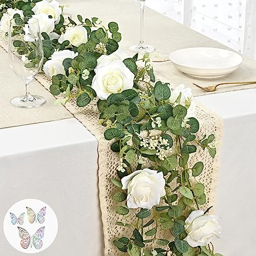 Yastouay 6.6 Ft White Flower Garland with 3D Butterfly, Artificial Eucalyptus Garland with Flowers Fake Rose Vine for Table Centerpiece Wedding Arch Baby Shower Party Room Backdrop Decor