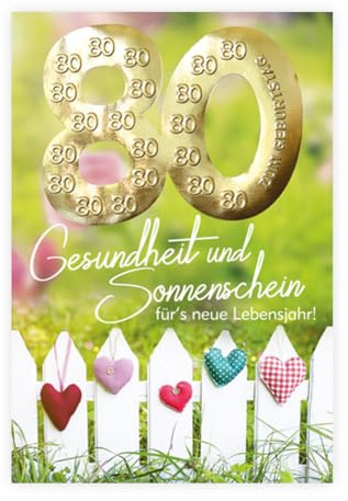 KE - Glückwunsch-Karte zum 80. Geburtstag, mit Umschlag, DIN B6, Geburtstagskarte Opa Oma Großeltern, Motiv: Sonnenschein