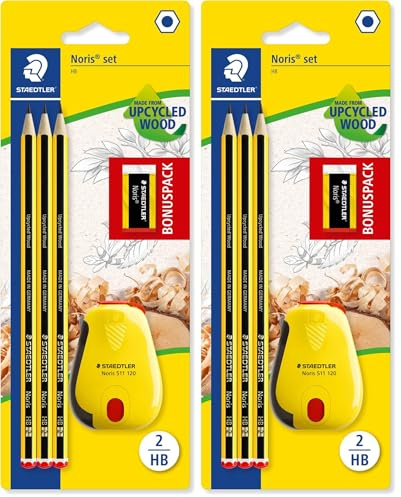 Staedtler Bleistifte Noris, HB, sechskant, Set mit 3 unglaublich bruchfesten Bleistiften, 1 Twist-Spitzer, 1 Radiergummi, hohe Qualität Made in Germany, 120 SBK3P2 (Packung mit 2)