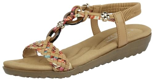Jo & Joe Ladies Beaded T-bar Low Wedge Sandals - Marrakesh - Tan - UK 5
