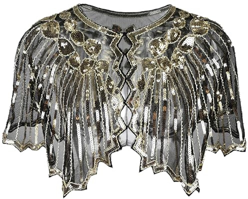BAOKELAN Women 1920s Shawl Sequin Beaded Evening Cape Retro Wraps Scarf Cover Up for Wedding Party Bride Dress Black Gold