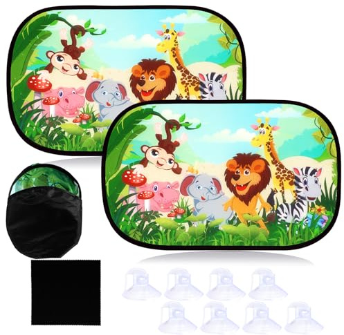 2Pack Car Window Shades for Baby, Animals Forest Sun Shade Static Cling Rear Sunshades, Car Window Blinds Side Window Screens Suitable for Most Vehicles, Glare Shield UV Rays Protection for Child